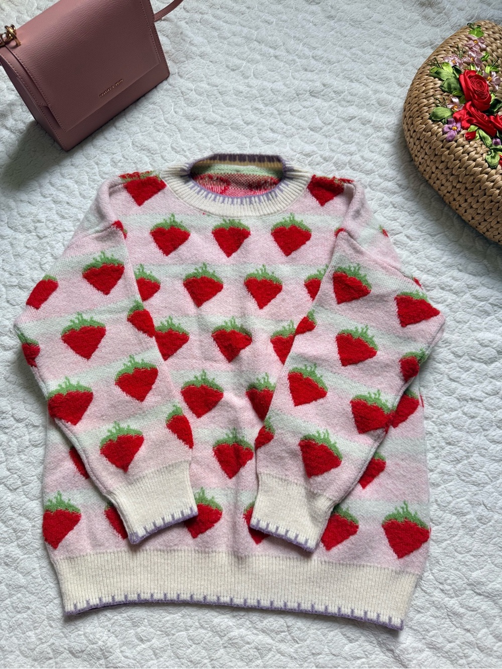Women's Pink Strawberry Pattern Crewneck Sweater